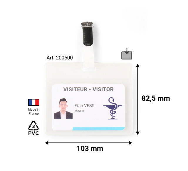 Kit badge visiteur, PVC, avec clips et inserts